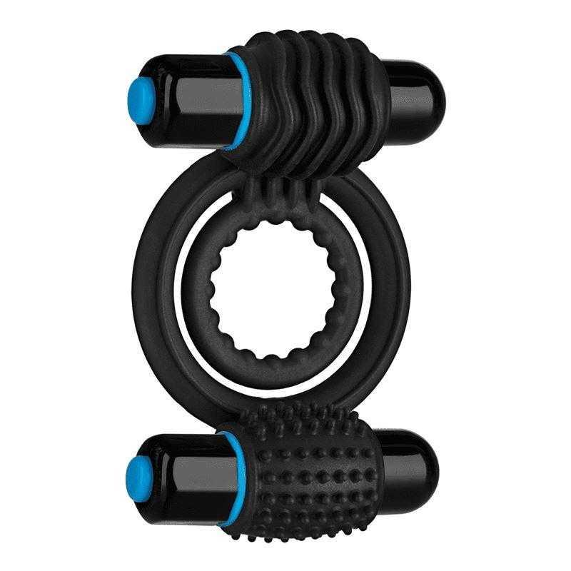 OptiMale Vibrating Double Silicone C-Ring with dual bullets - Black - CheapLubes.com