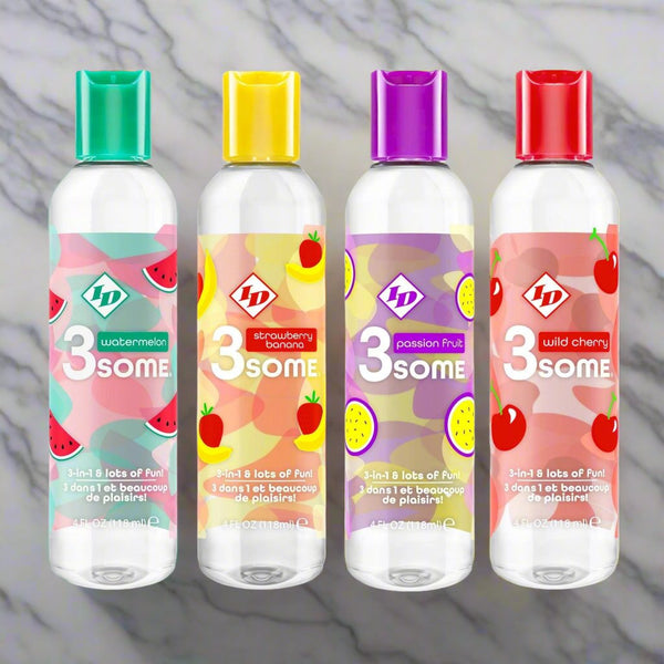 ID 3Some 3-in-1 & Lots Of Fun - Warming, Lickable, & Massage 4 oz (118 mL) - 4 Flavors! - CheapLubes.com